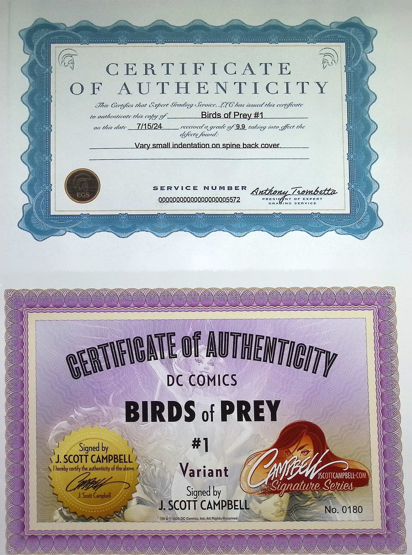 Birds of Pray #1 2020 EGS 9.9 Custom Signature Series! Signed by J. Scott Campbell!